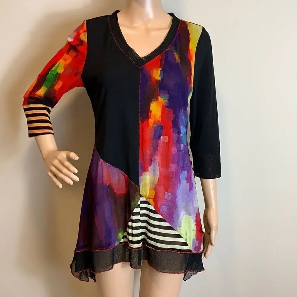 Lior striped patchwork mixed media colorful tunic top size S